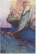 Howard Pyle An Attack on a Galleon: illustration of pirates approaching a ship oil painting reproduction